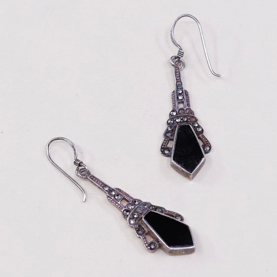 vtg Sterling 925 silver handmade earrings teardrop drops w/ obsidian n marcasite