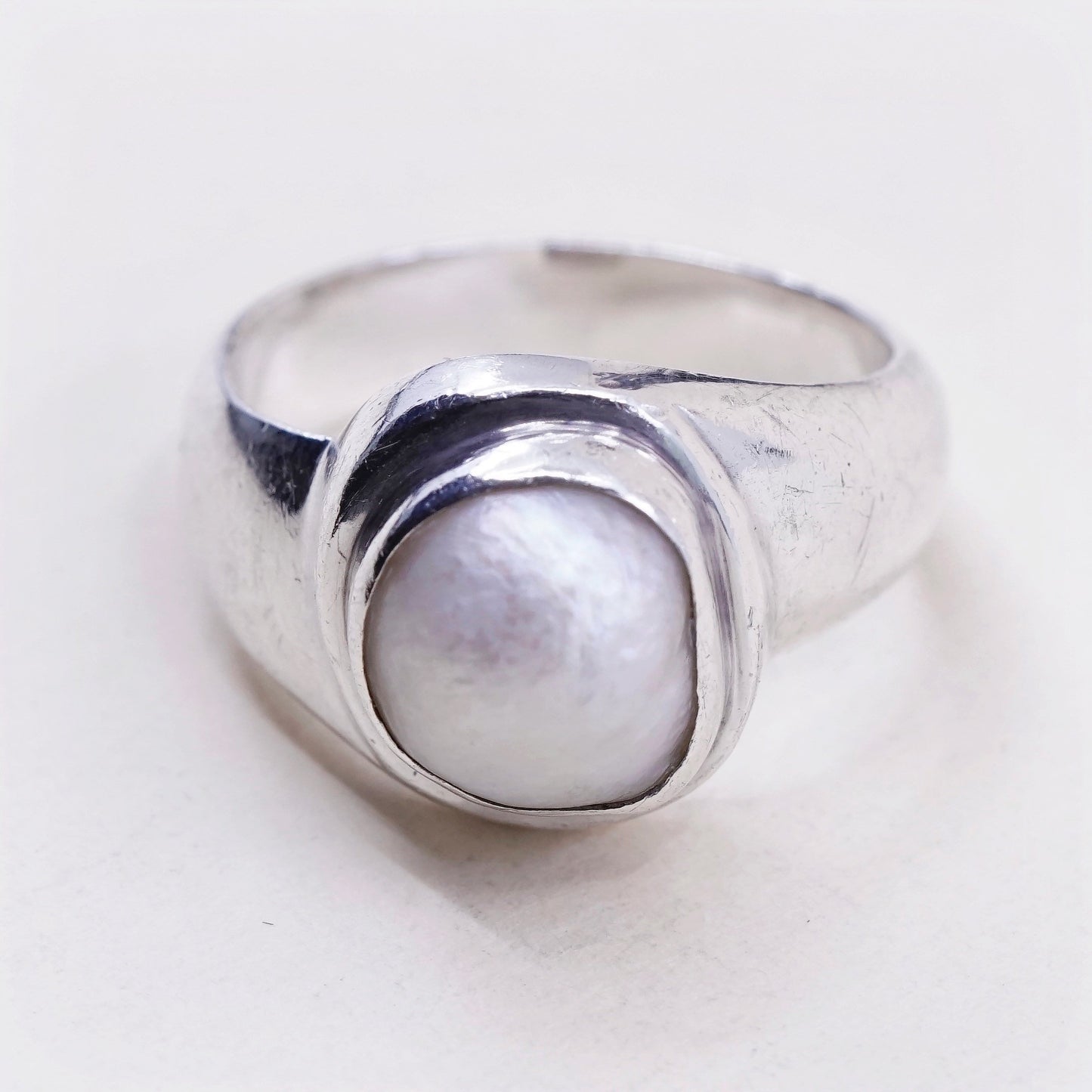 sz 8.5, vtg Sterling silver handmade ring, modern 925 band w//th pearl