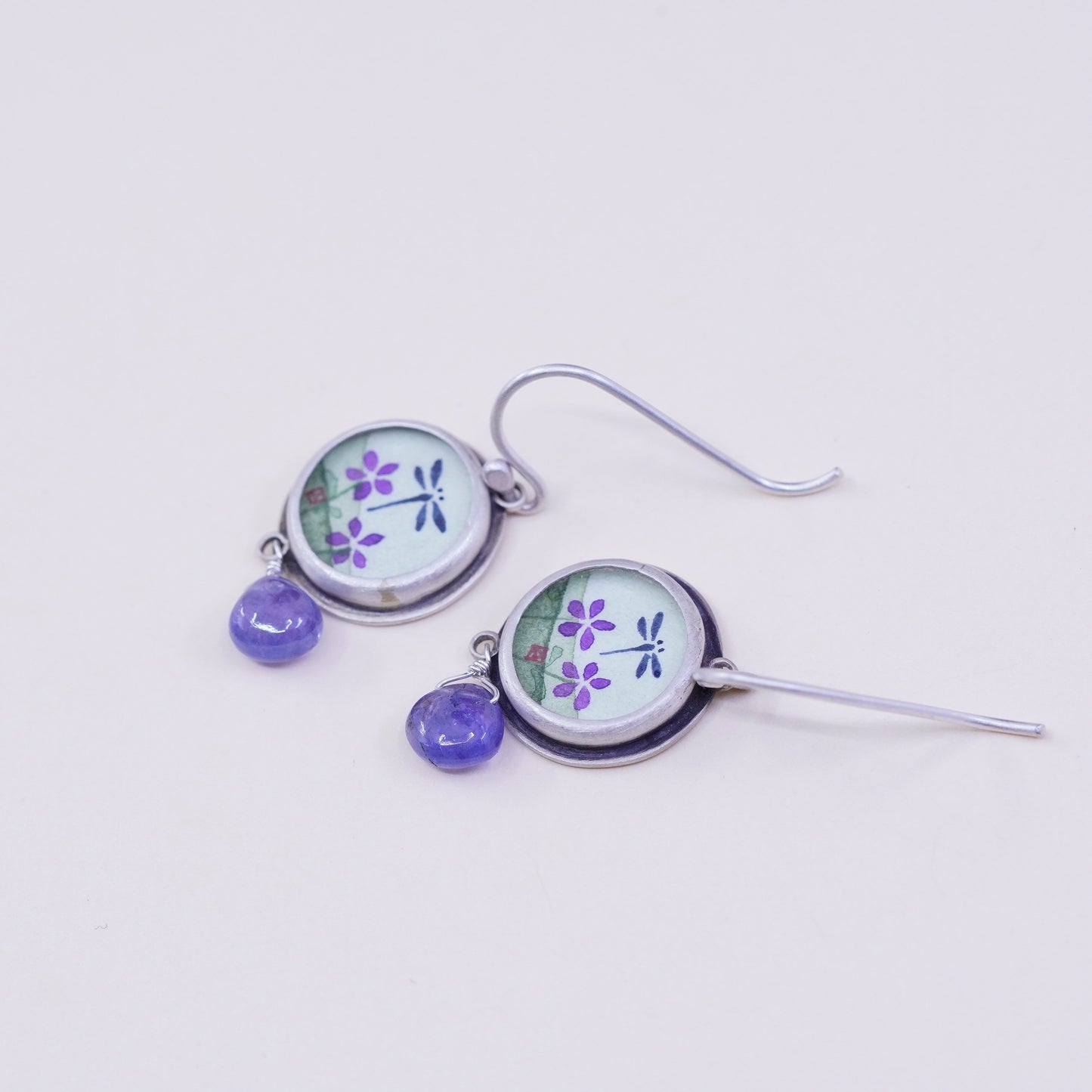 Designer Ananda KHALSA Sterling 925 silver handmade earrings, watercolor dragonfly with teardrop Iolite, stamped 925 A
