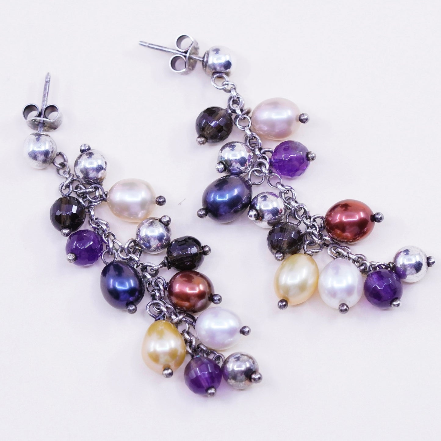 Vintage Italy Sterling 925 silver handmade earrings with cluster colorful pearl
