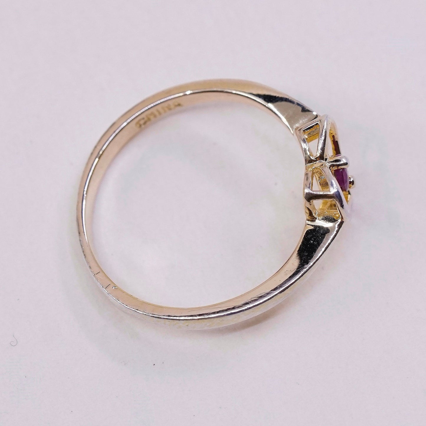 sz 8.25, VTG gold over sterling silver handmade ring, 925 heart with ruby
