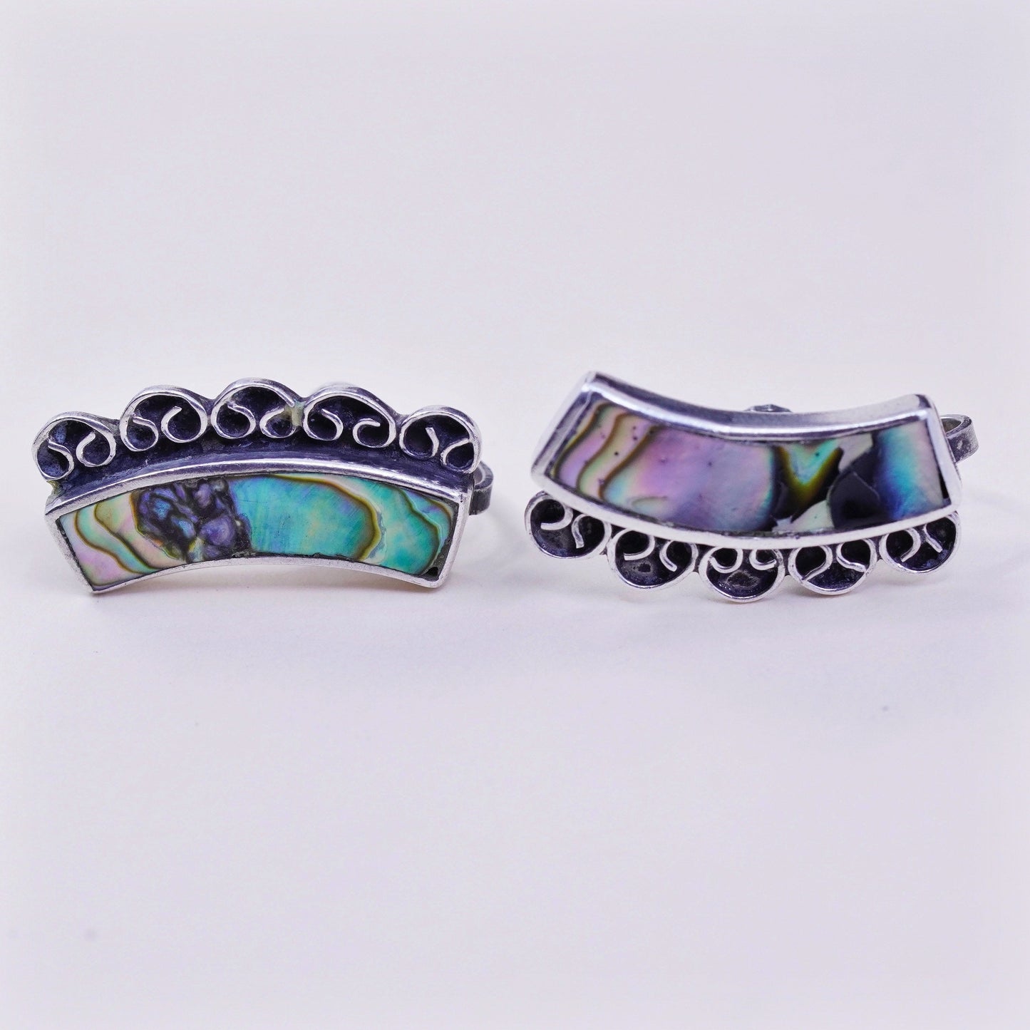 Vintage sterling 925 silver handmade screw back earrings with abalone, stamped silver mexico 20