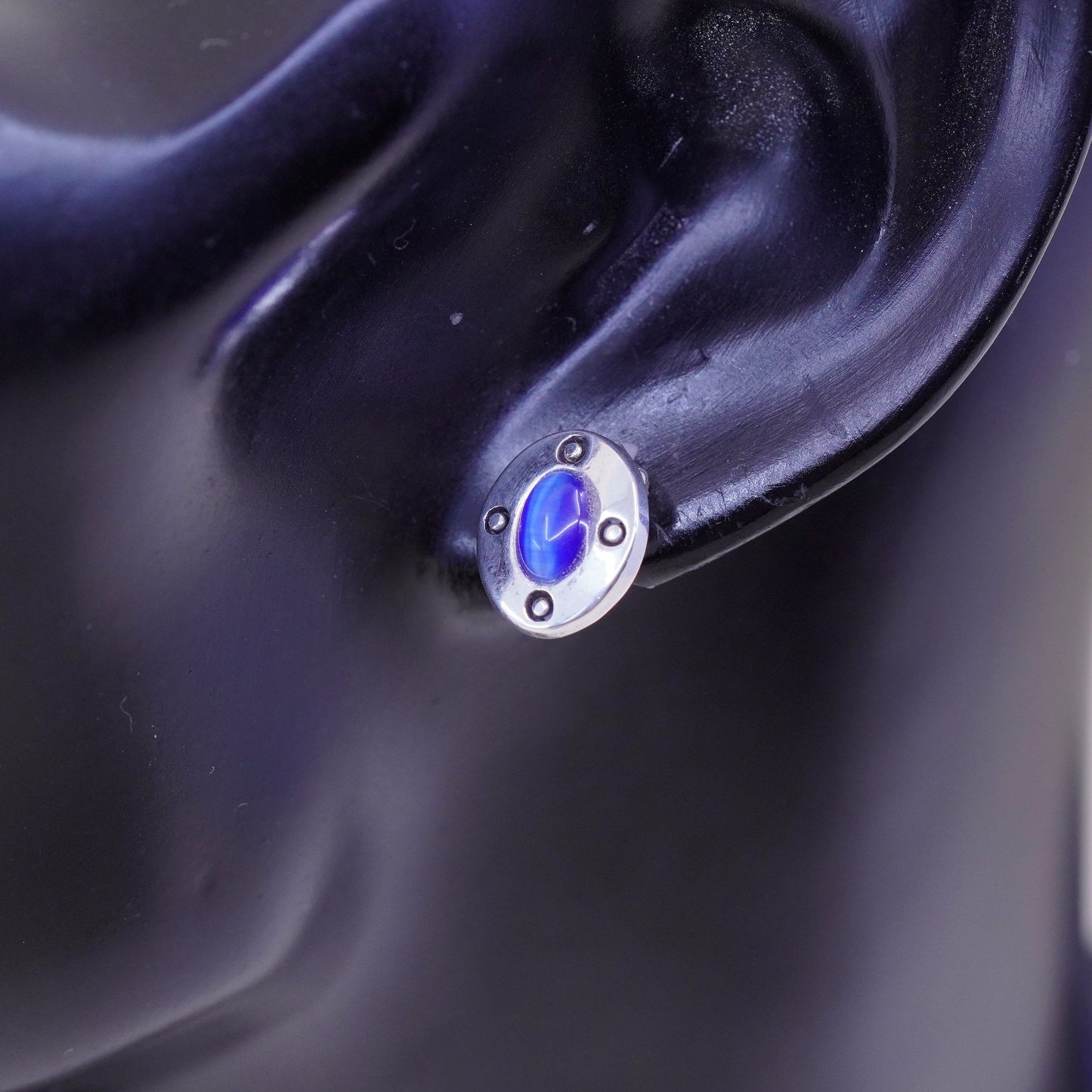 sterling silver handmade earrings, 925 studs with oval shaped blue cats eye