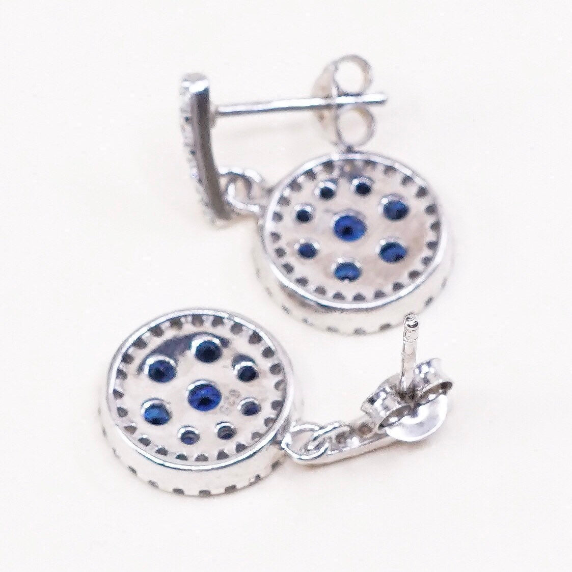 VTG Sterling silver handmade earrings, 925 circle dangles w/ blue crystal
