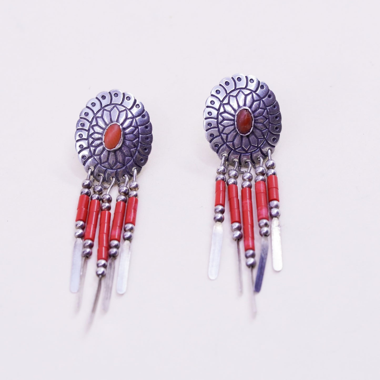 TK Sterling silver earrings, Native American 925 oval coral studs beaded fringe