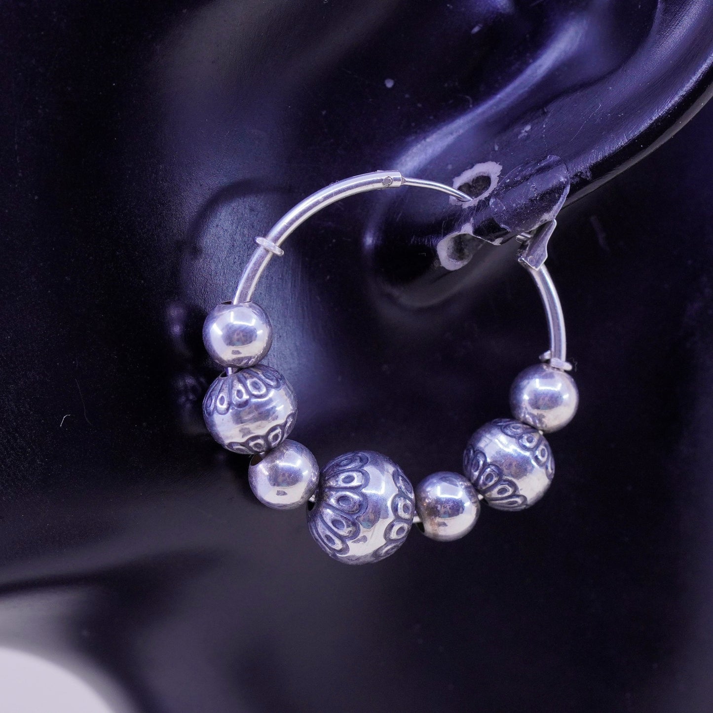 1.25”, Vintage sterling 925 silver loop handmade earrings textured beaded hoops