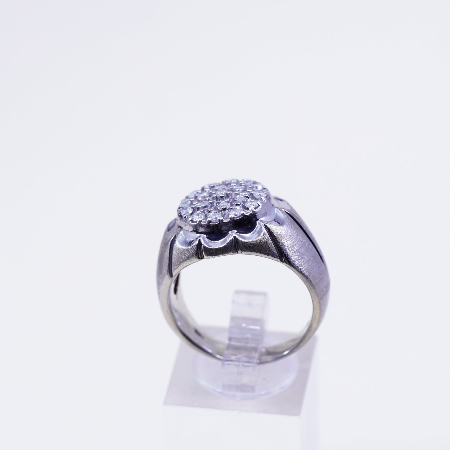 sz 10, vtg textured Sterling 925 silver statement ring w/ cluster real diamond