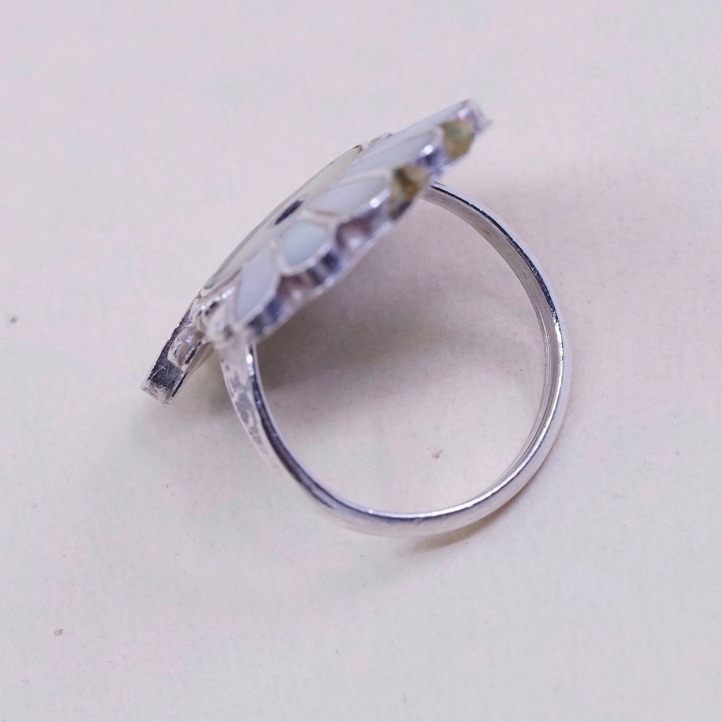 sz 6, sterling silver handmade 925 w/ coral N turquoise, Zuni Tewa sun ring