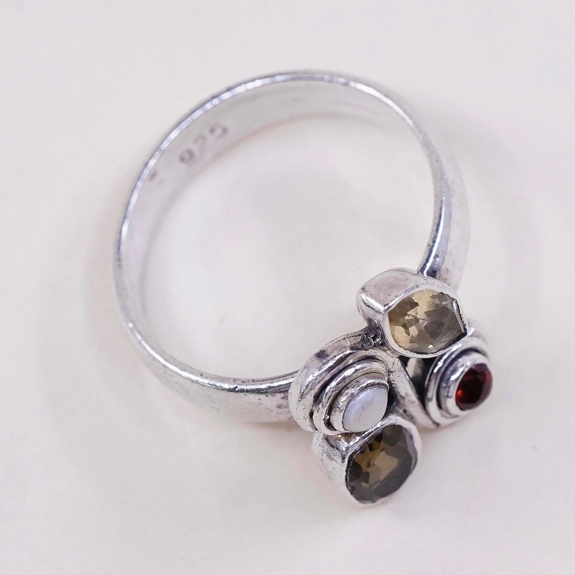 sz 8.5, vtg sterling silver handmade ring, 925 ring w/ topaz, citrine, pearl