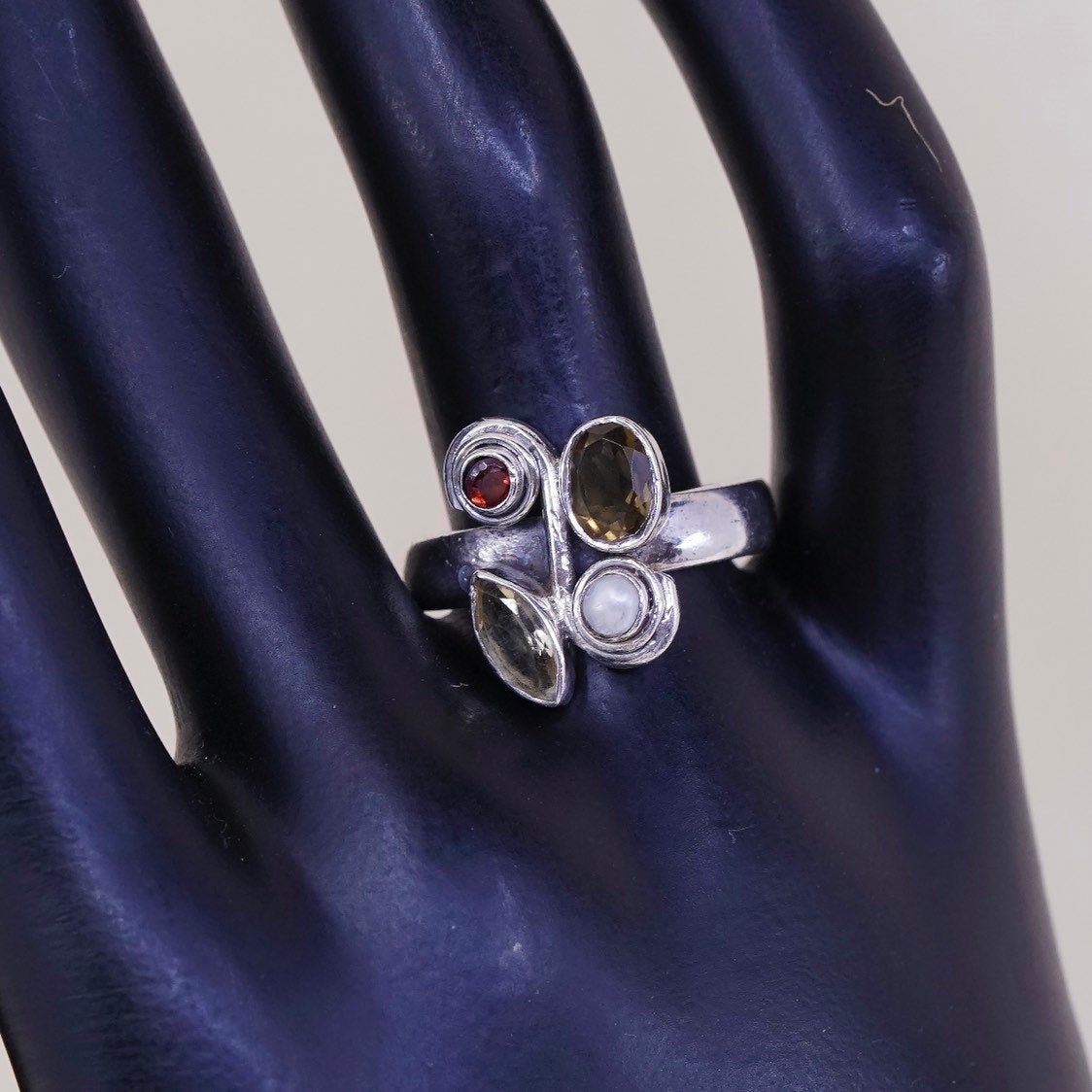 sz 8.5, vtg sterling silver handmade ring, 925 ring w/ topaz, citrine, pearl