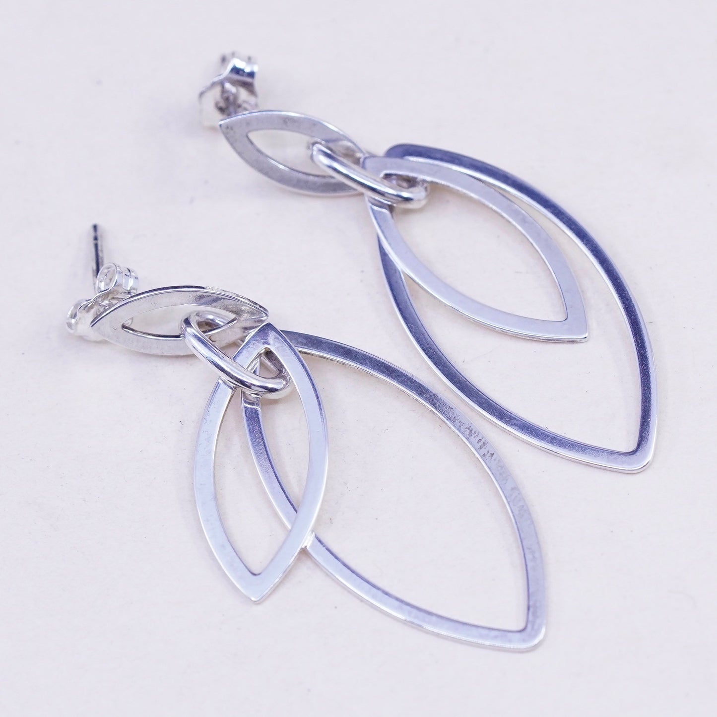 Vintage Sterling silver handmade earrings, 925 silver modern marquise dangles