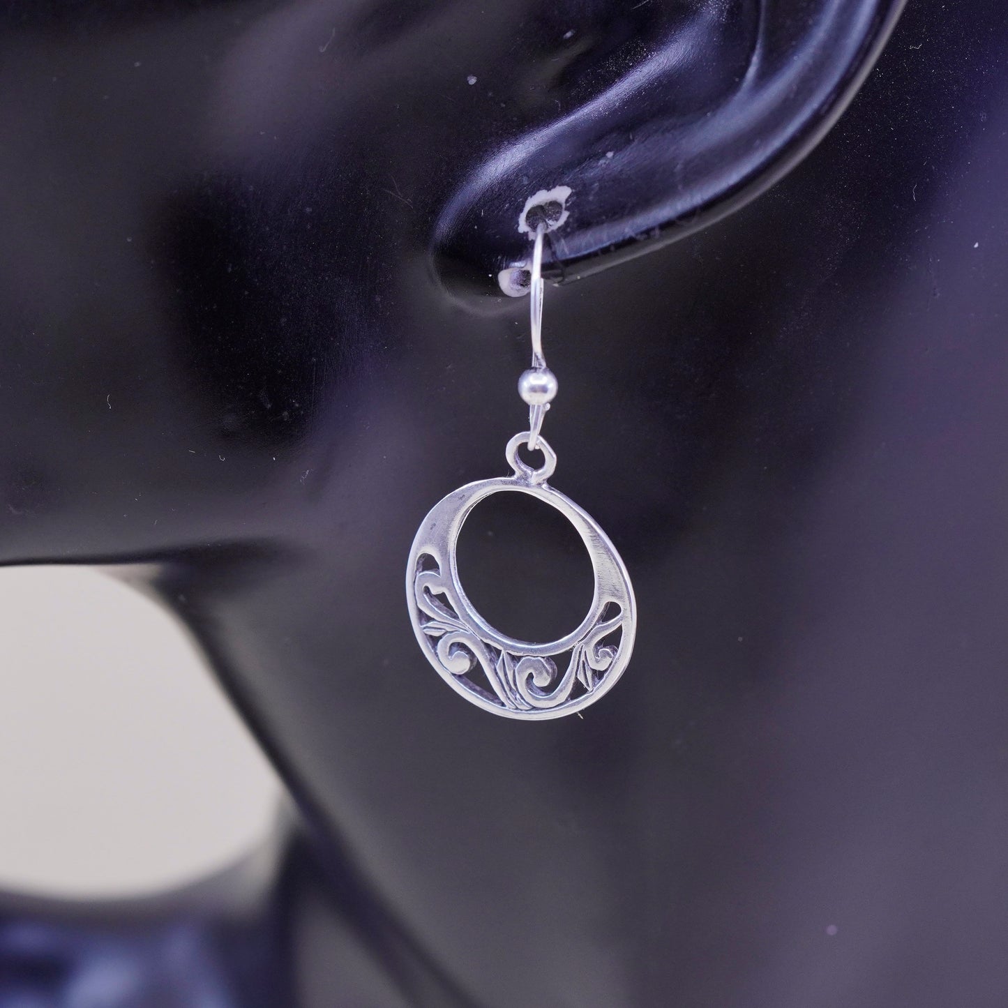Vintage Sterling silver handmade earrings, 925 filigree circle disc dangles