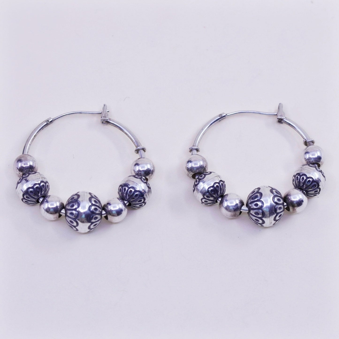 1.25”, Vintage sterling 925 silver loop handmade earrings textured beaded hoops
