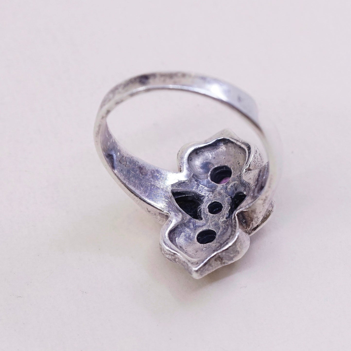 sz 8.75, vtg sterling 925 silver handmade ring w/ amethyst n marcasite