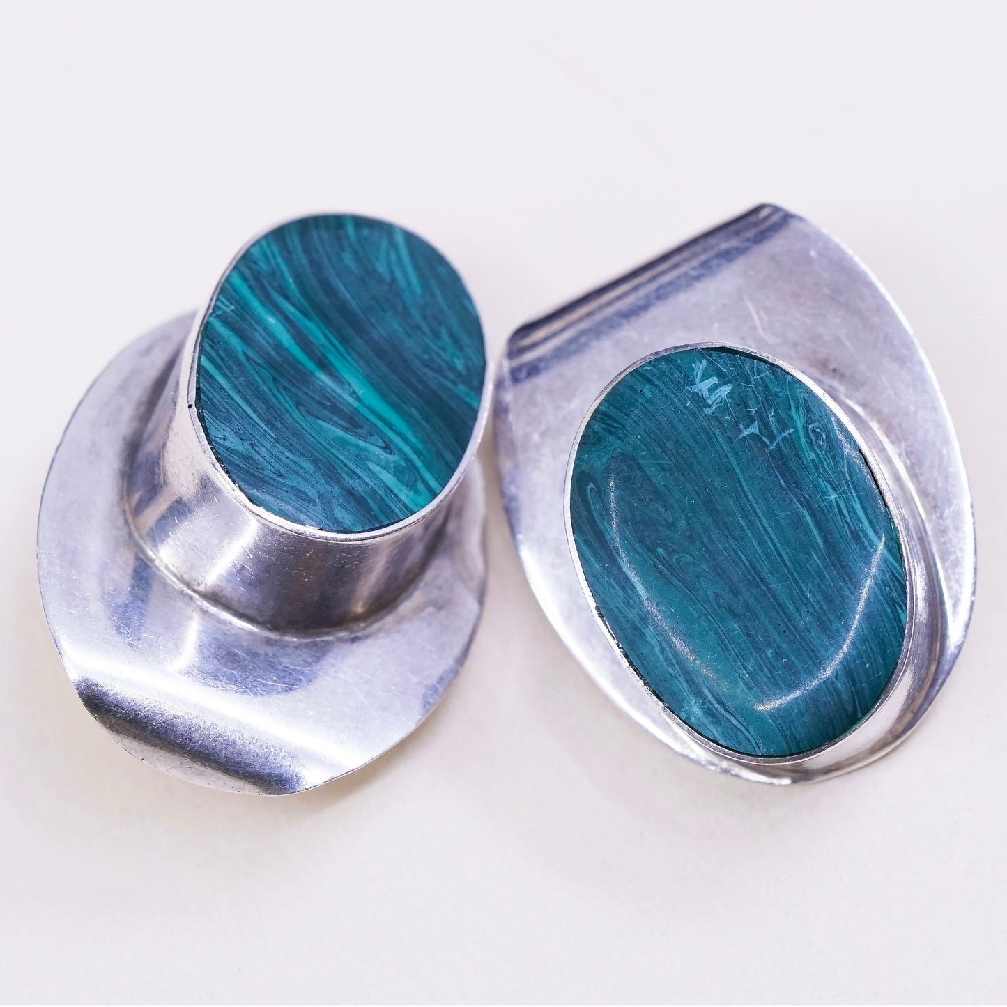 Vintage Mexico 925 Sterling and malachite drops earrings, clip on earrings