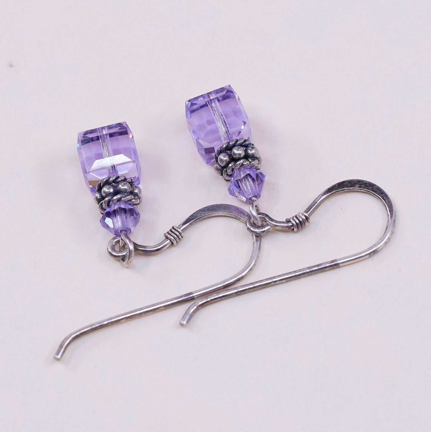 vtg Sterling silver handmade earrings, 925 with pink crystal, stamped 925