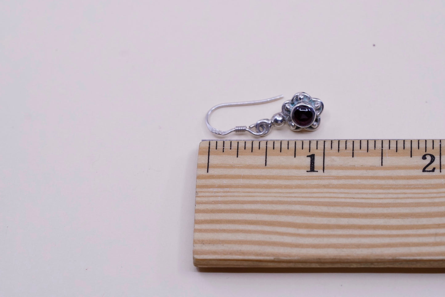 Vintage Sterling silver handmade earrings, 925 flower dangles with garnet beads