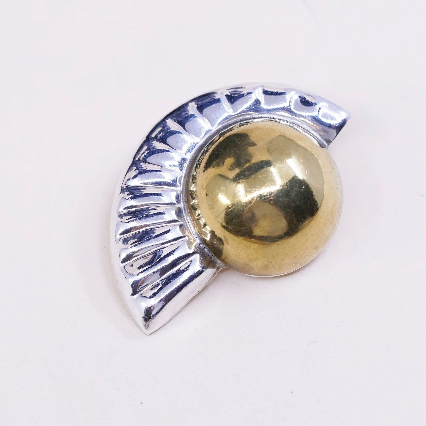 two tone Sterling silver w/ brass ribbed earrings, taxco 925 wavy clip on