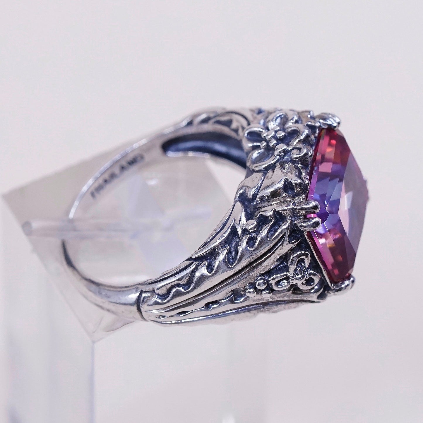 sz 7.25, VTG cocktail Sterling silver handmade ring, 925 crown w/ pink crystal