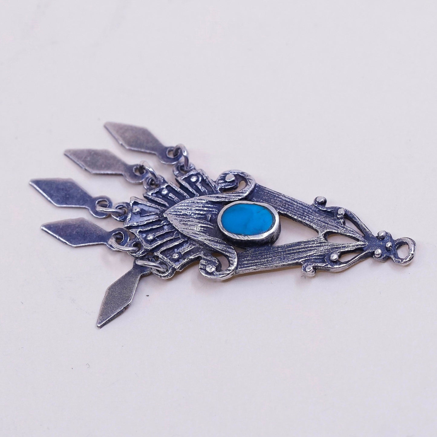 Sterling silver handmade pendant, 925 charm with turquoise and fringe dangles