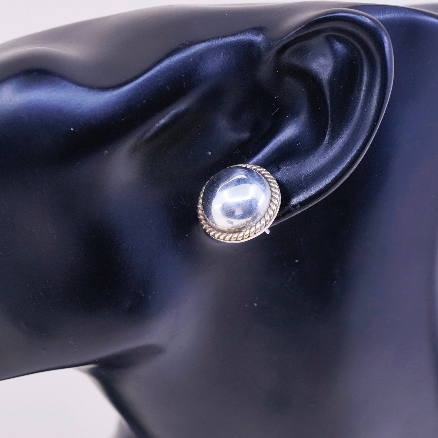 0.5”, vtg sterling silver button studs, handmade 925 earrings with brass rope