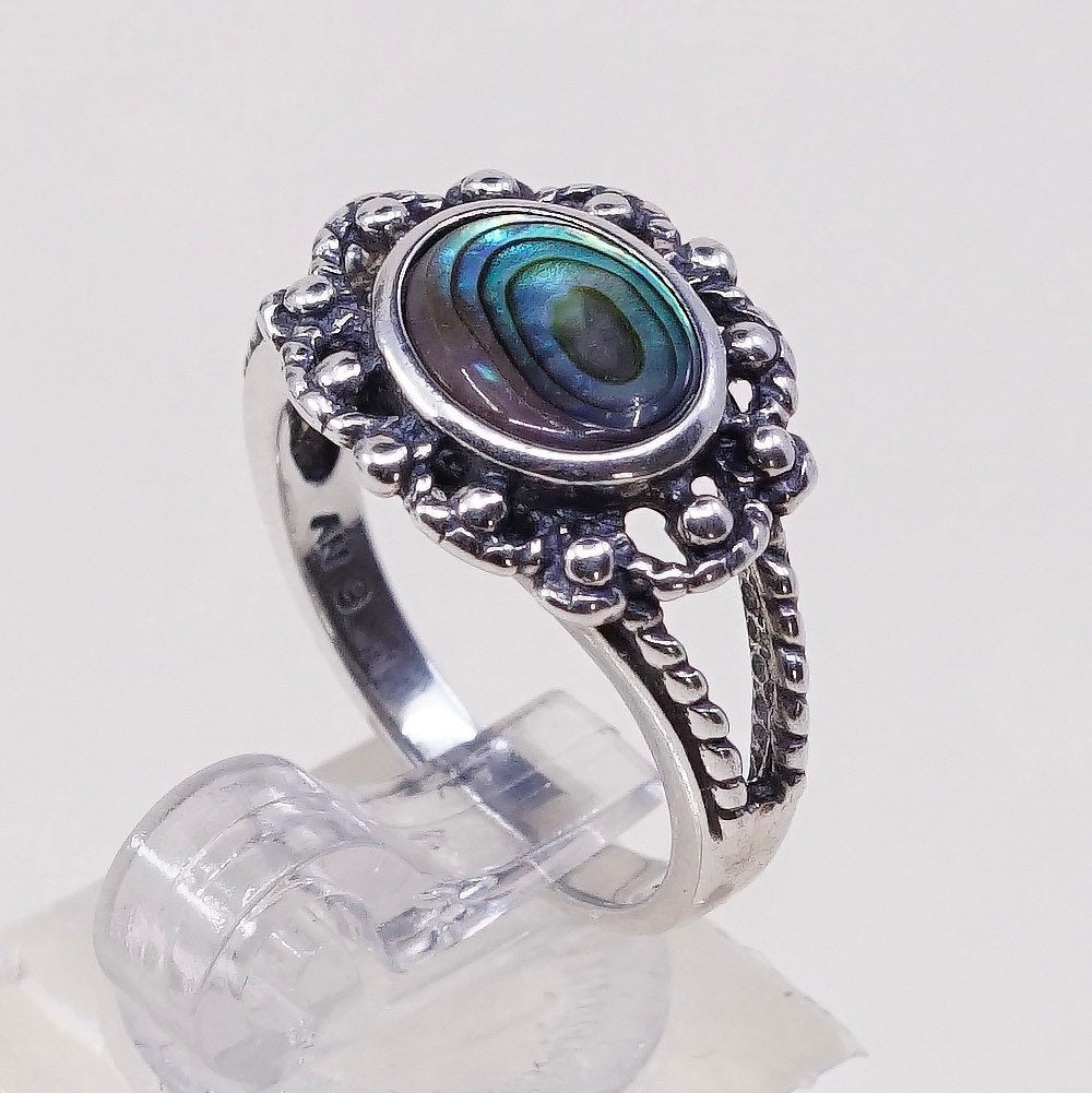sz 6, vtg sterling silver handmade ring, 925 w/ oval abalone nn beads