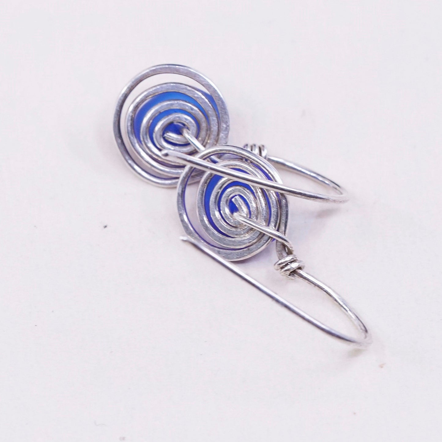 vtg Sterling silver handmade earrings, 925 swirl with blue glass drops