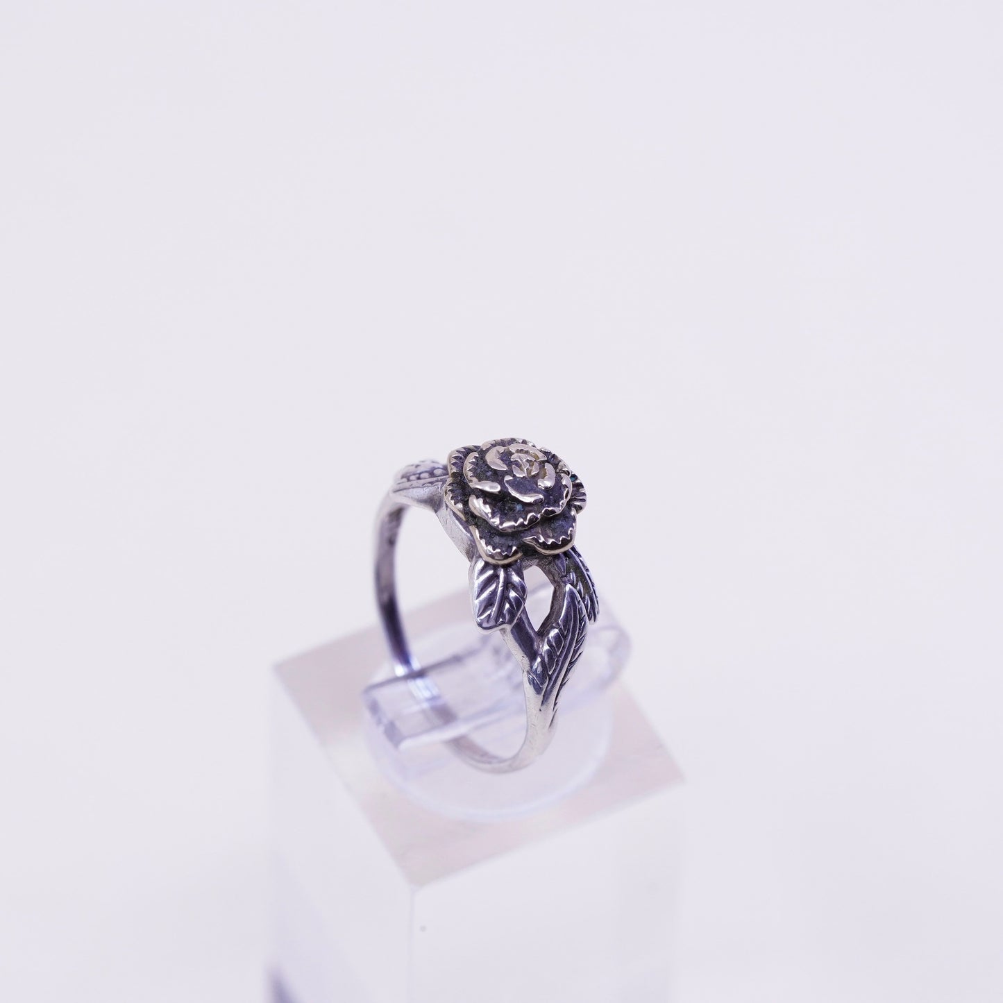 Size 7, vintage TT Sterling silver handmade ring, 925 leaves with brass rose