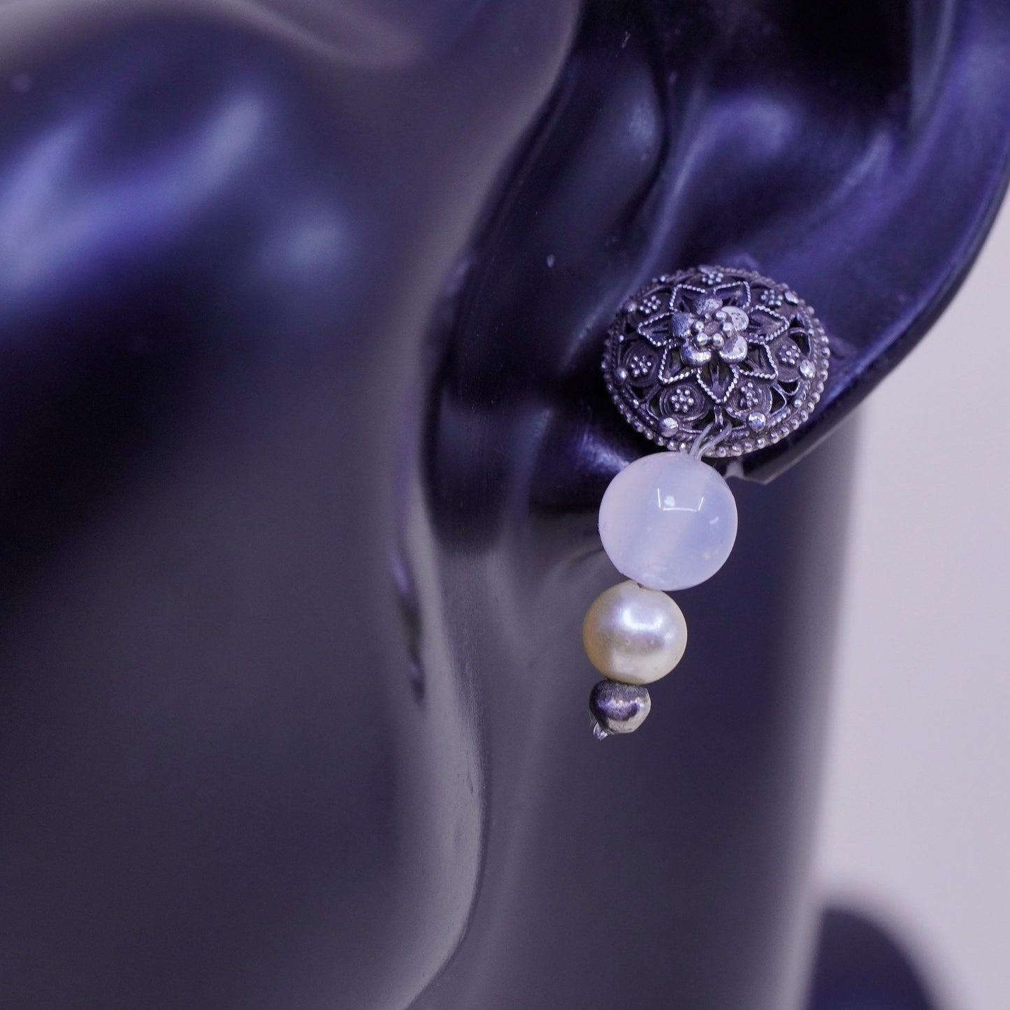 Vintage Sterling silver handmade earrings, 925 filigree studs with quartz