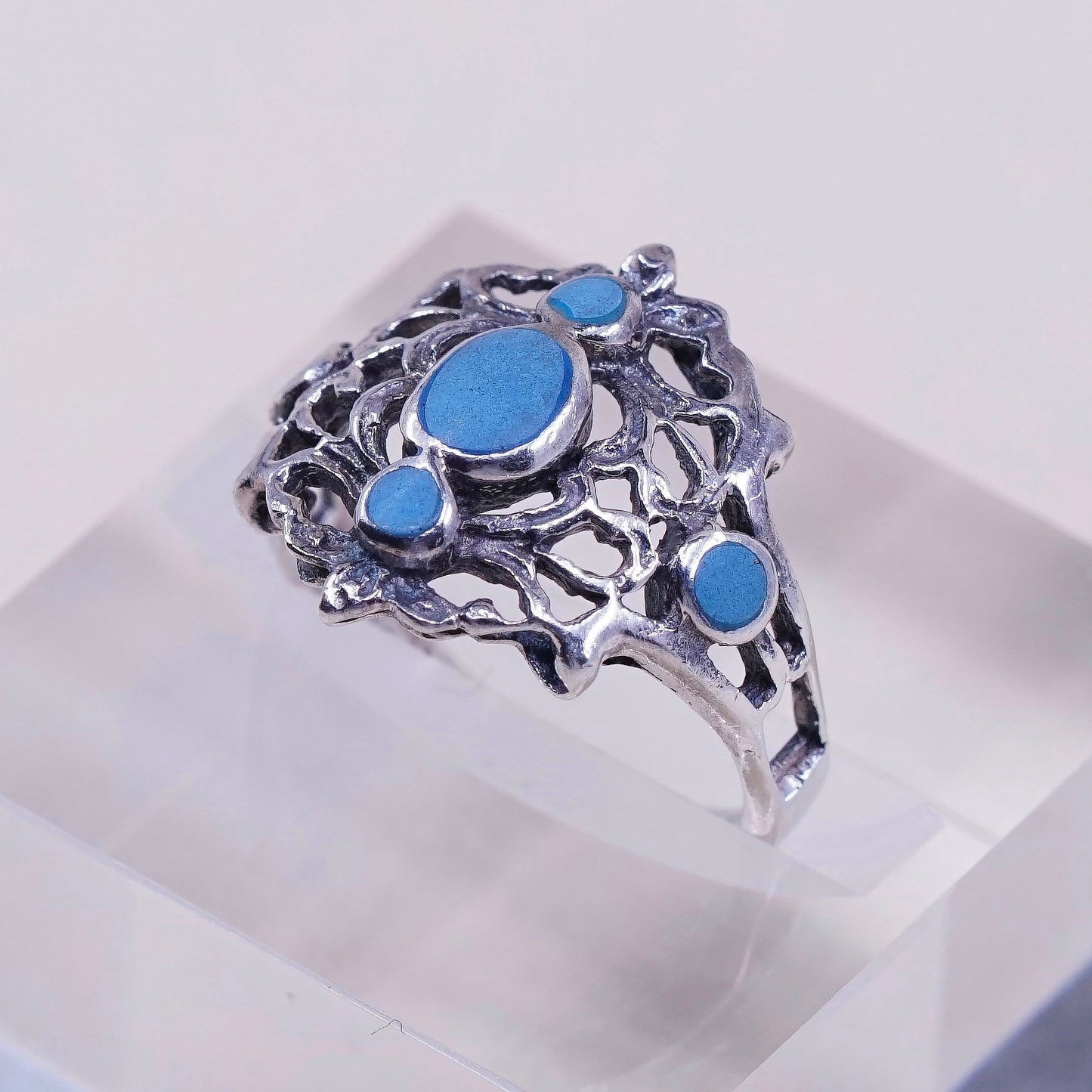 Size 6.25, vtg sterling 925 silver handmade ring w/ turquoise, southwestern