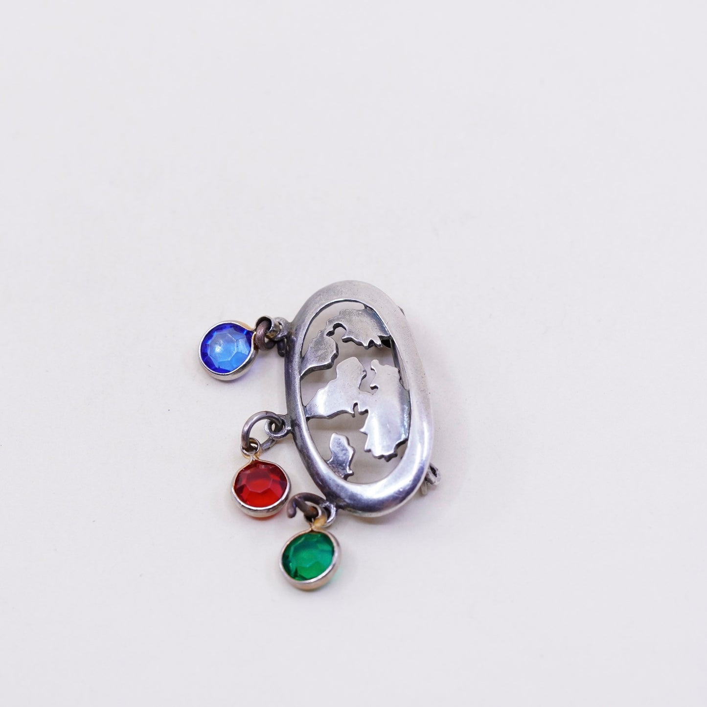 Vintage sterling silver handmade brooch, 925 world map with colorful crystal
