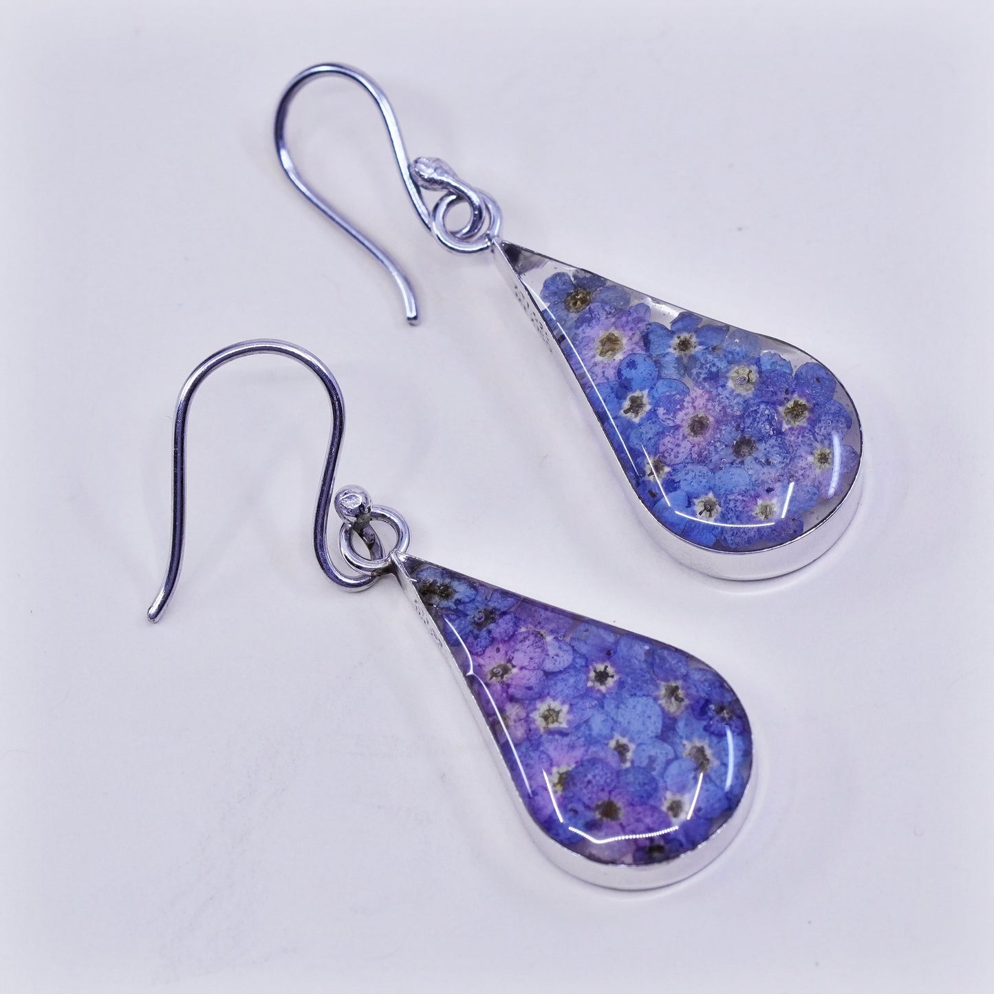vtg Mexico sterling silver handmade earrings, 925 teardrop purple flower resin