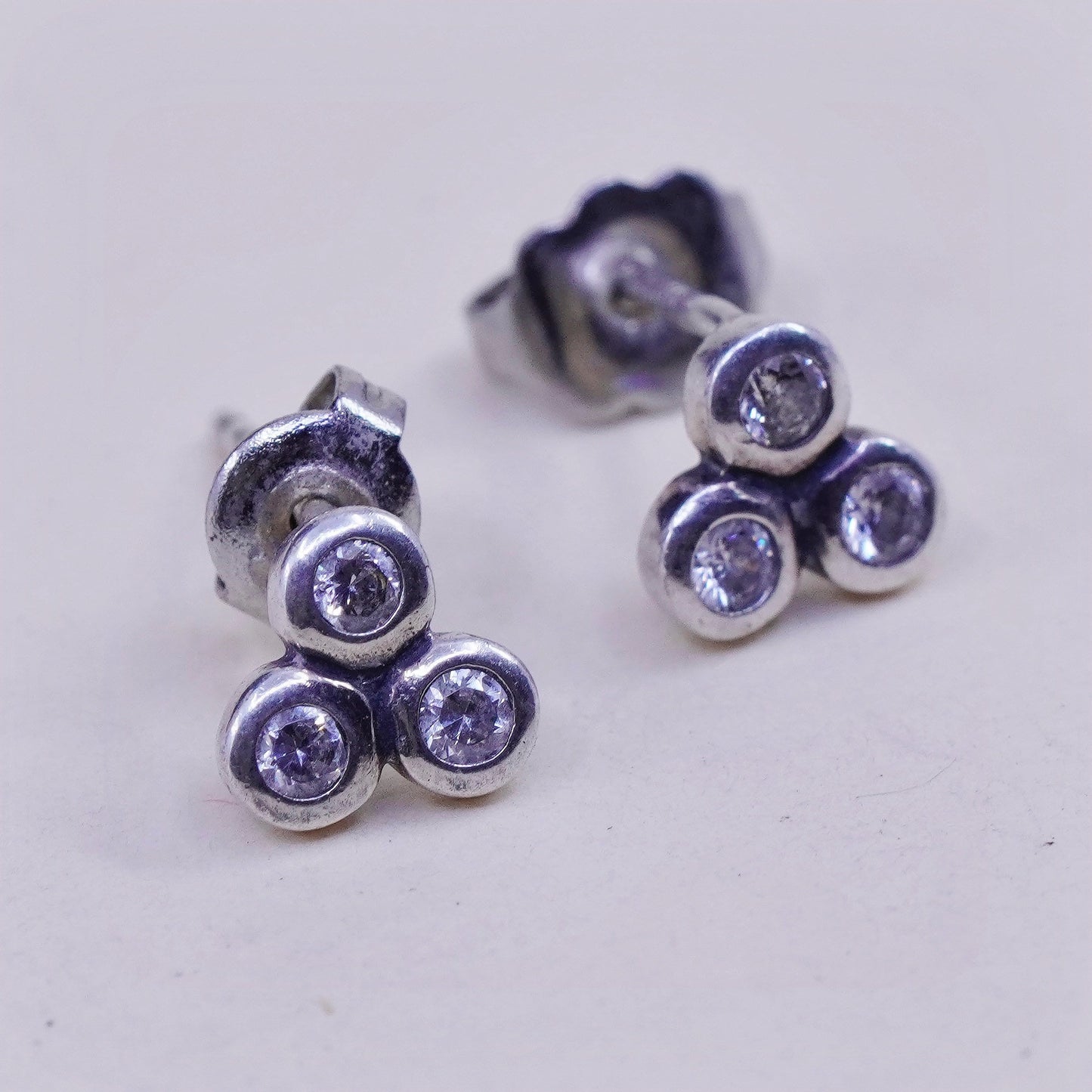 Vintage sterling 925 silver clear CZ studs, fashion minimalist earrings