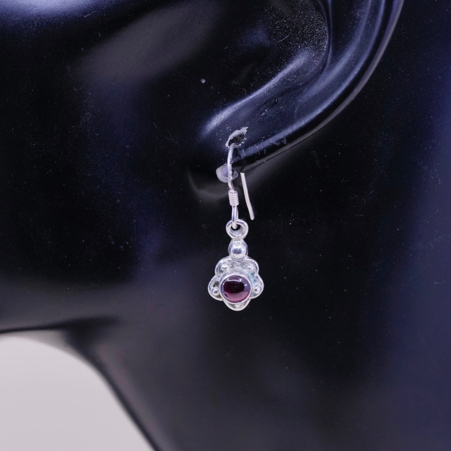 Vintage Sterling silver handmade earrings, 925 flower dangles with garnet beads