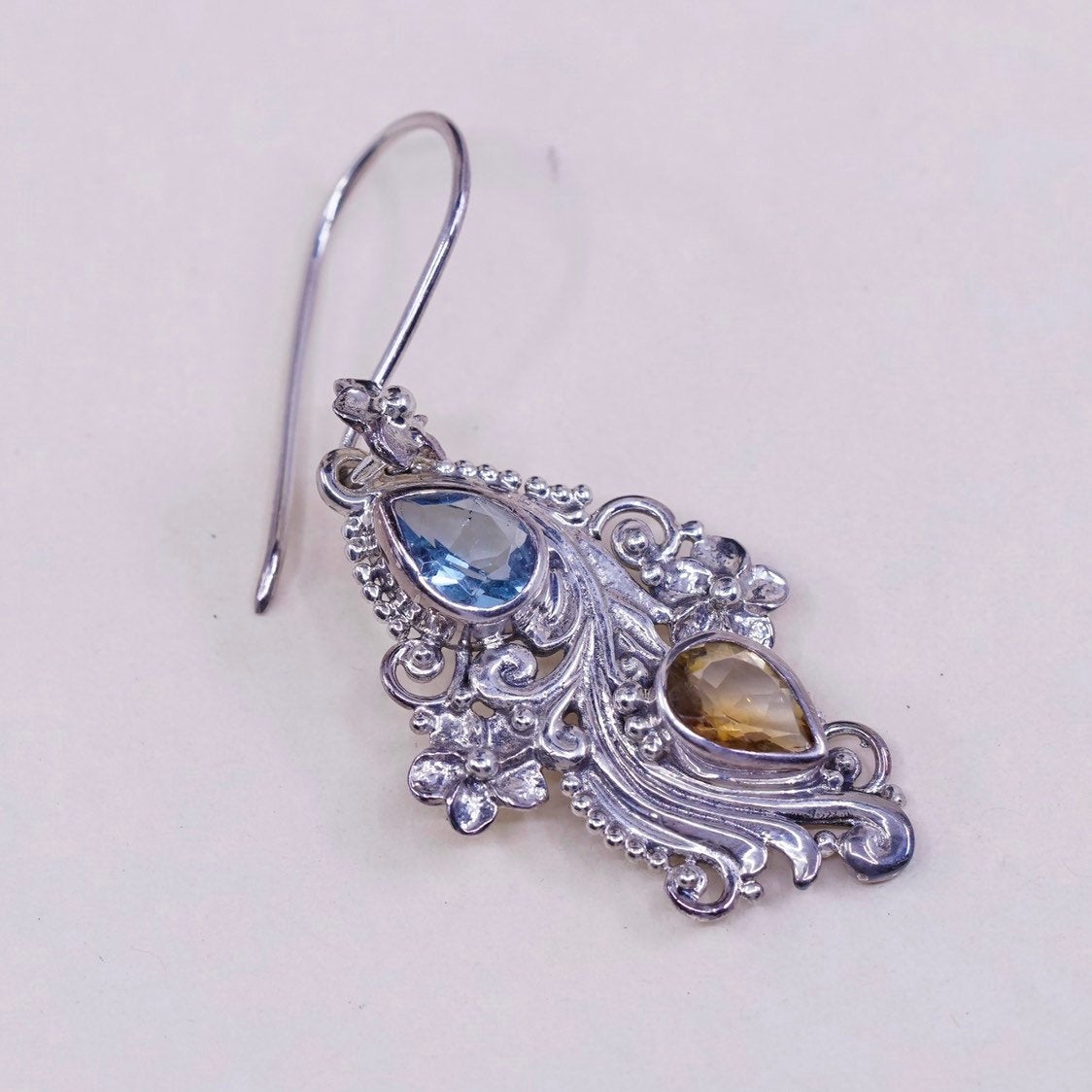 vtg Sterling silver handmade earrings, 925 dangles w/ citrine, topaz n flower