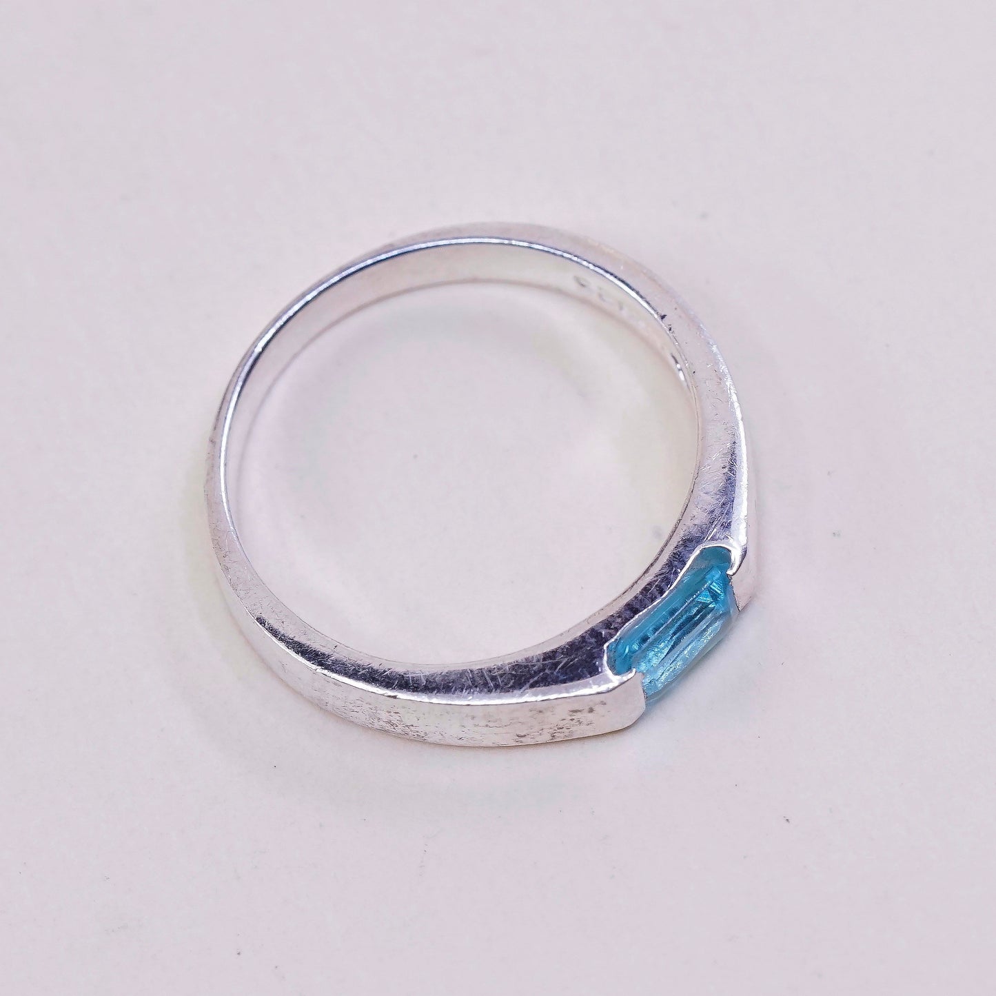 sz 7.25, vtg Sterling silver statement ring, 925 stackable band w/ blue topaz