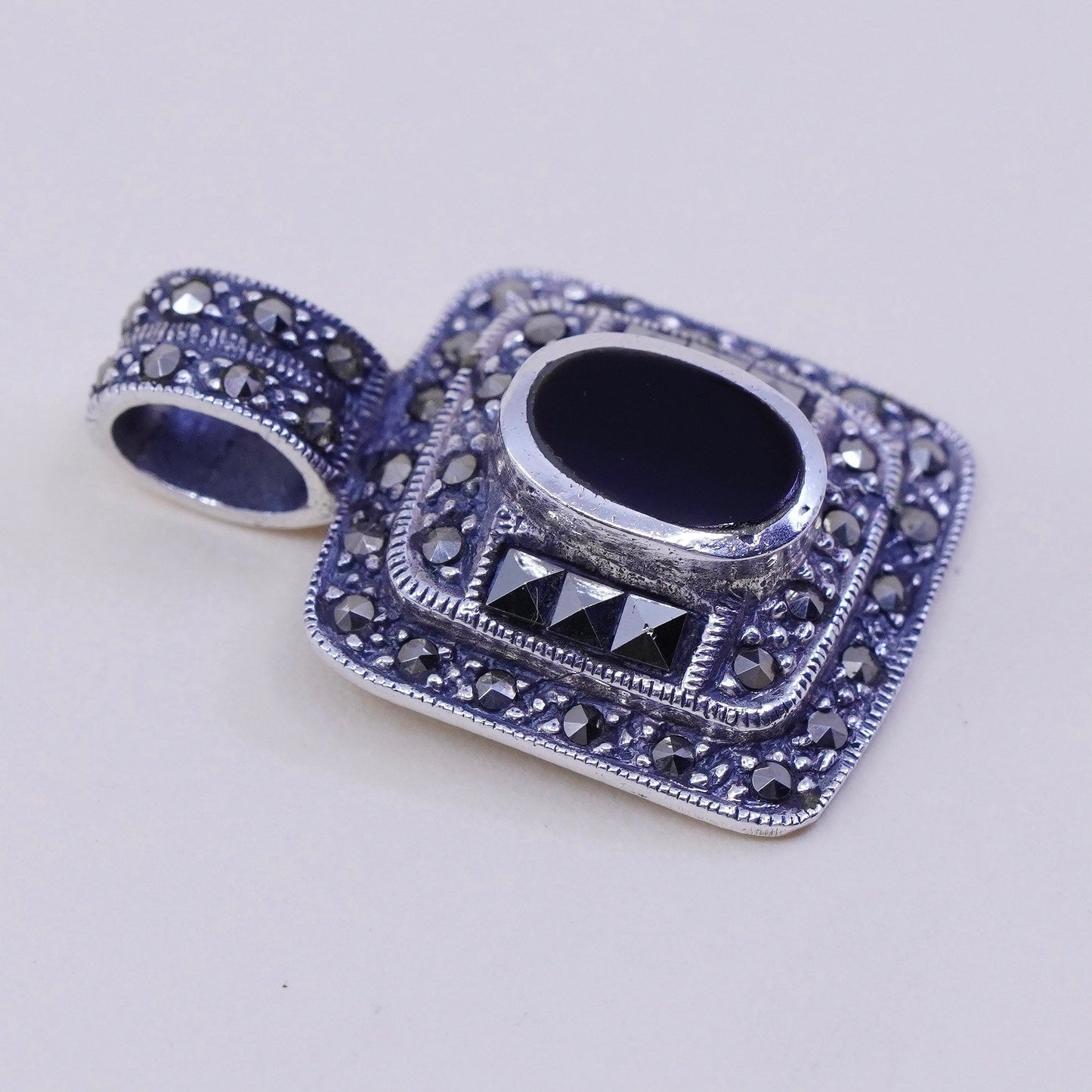 Vintage sterling 925 silver handmade pendant, obsidian with marcasite pendant
