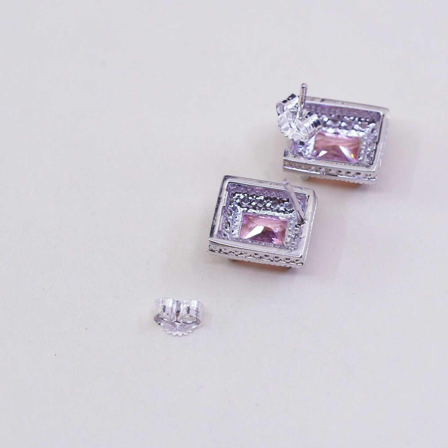 Vintage sterling silver handmade earrings, 925 square studs with pink Cz
