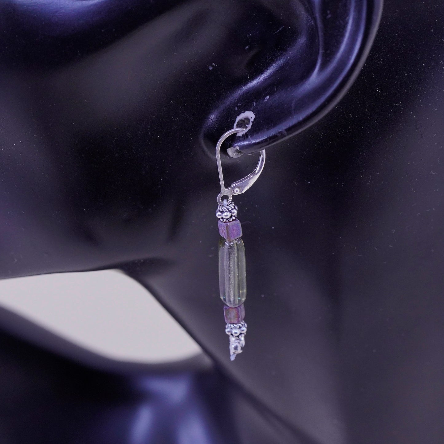 Vintage Sterling 925 silver handmade earrings with artisan glass tube amethyst