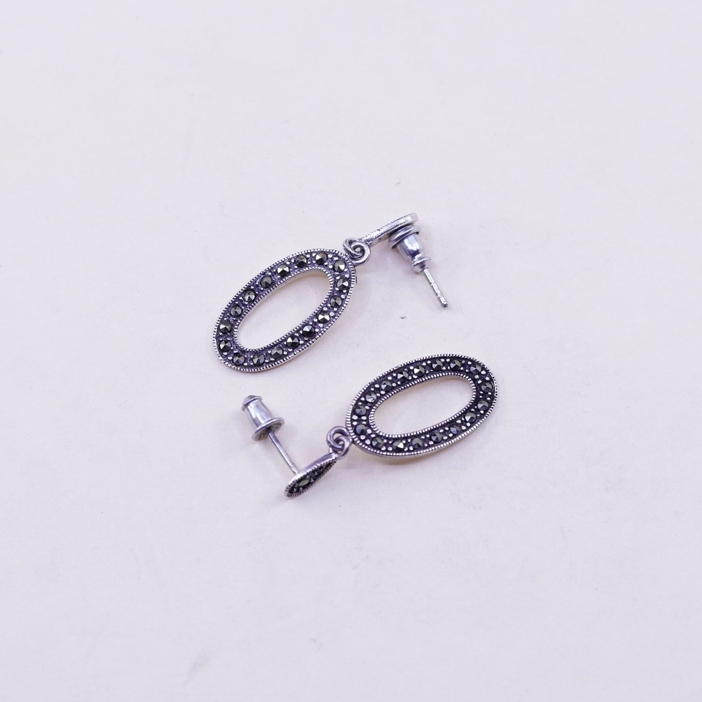 Vintage Sterling 925 silver handmade oval earrings with Marcasite