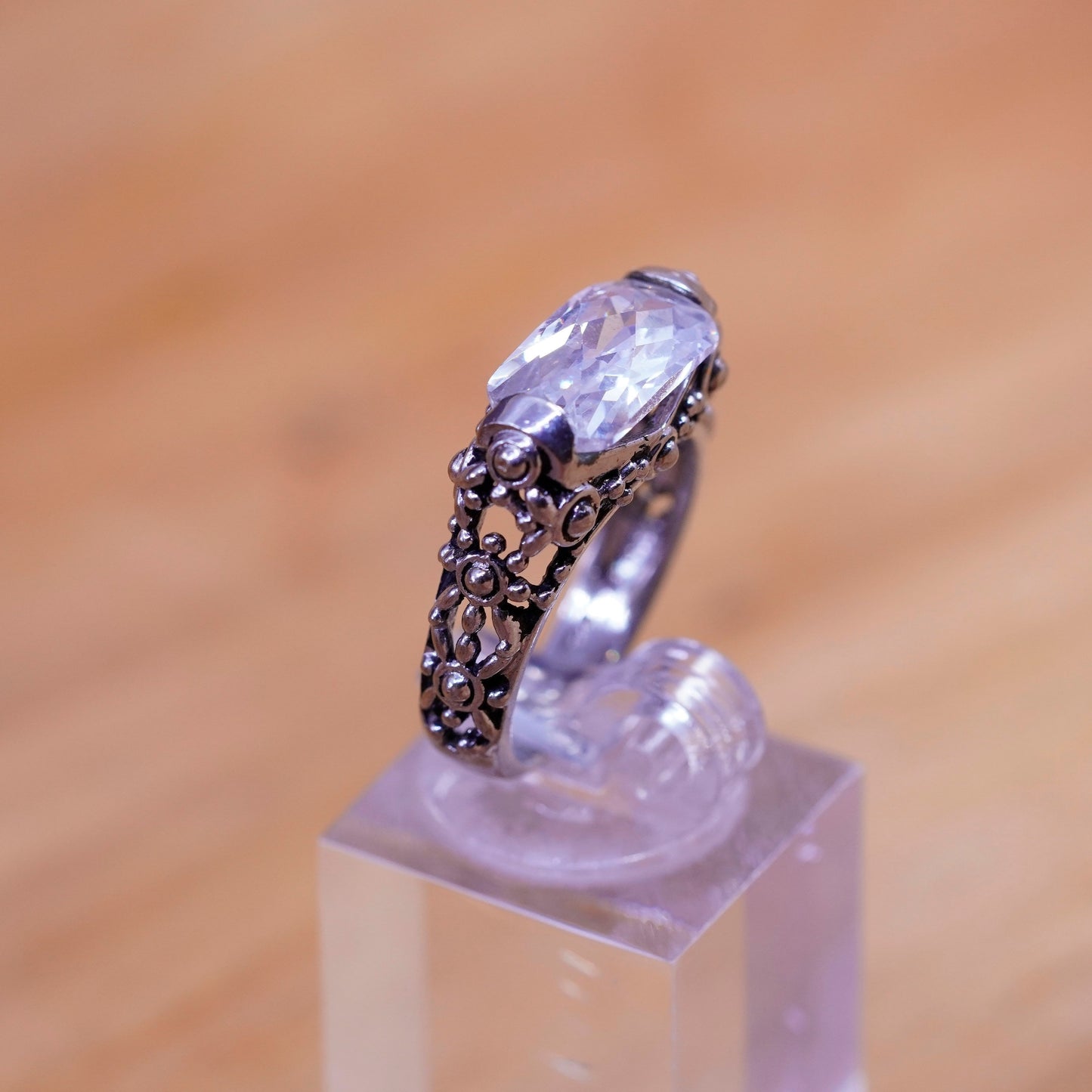 Size 7, vintage Sterling silver handmade ring, 925 filigree band with cz