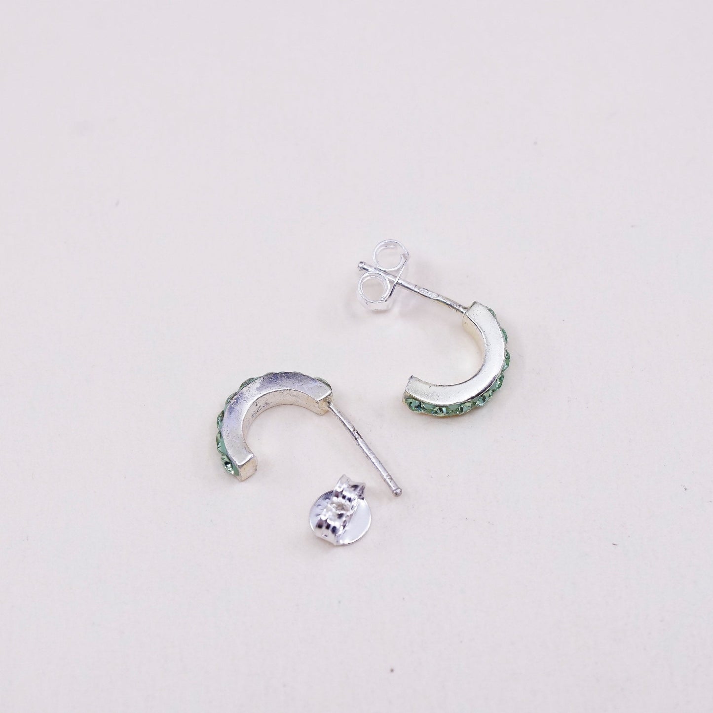 Vintage Sterling silver handmade earrings, 925 Huggie studs with green Cz