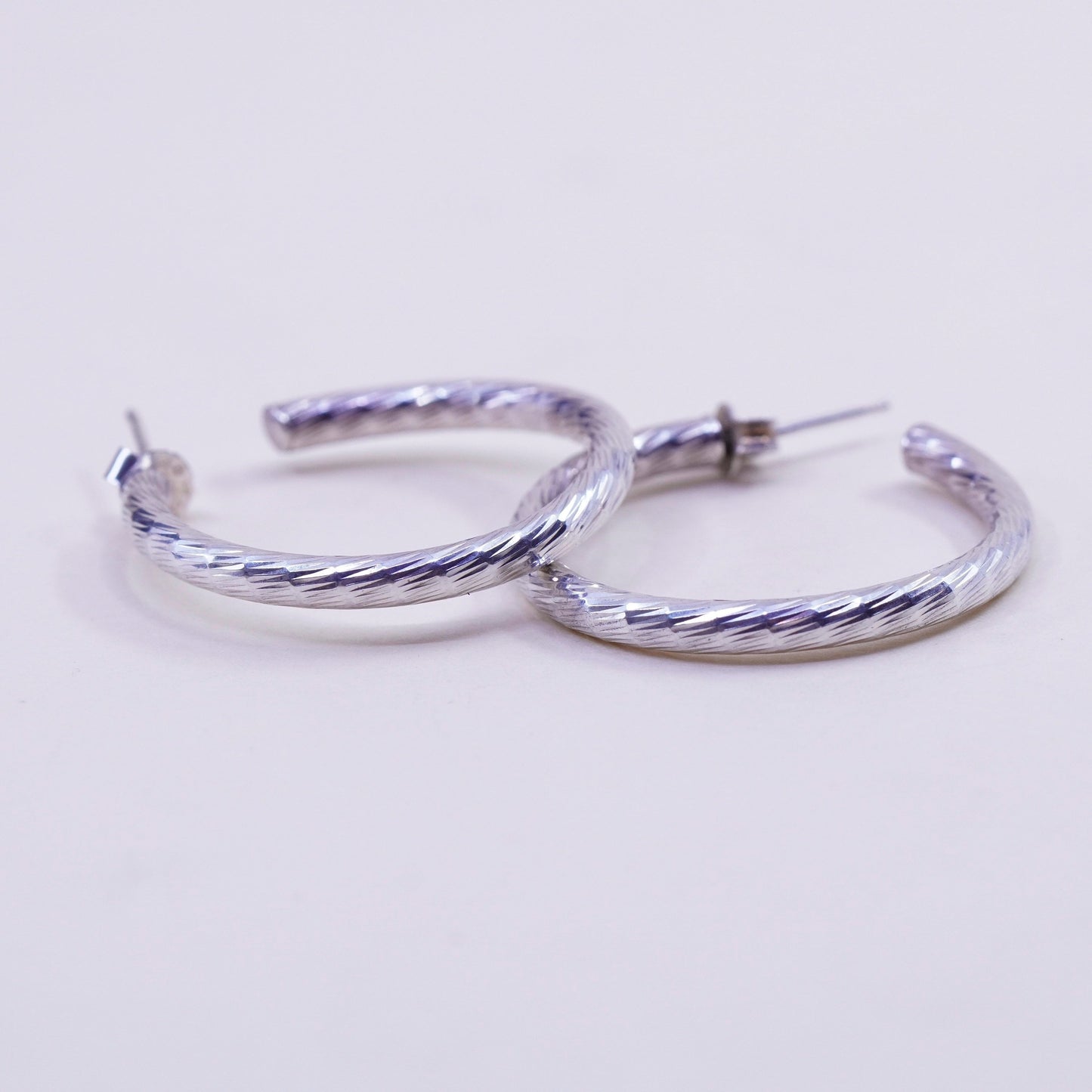 1.25” Vintage sterling 925 silver earrings, textured minimalist primitive hoops