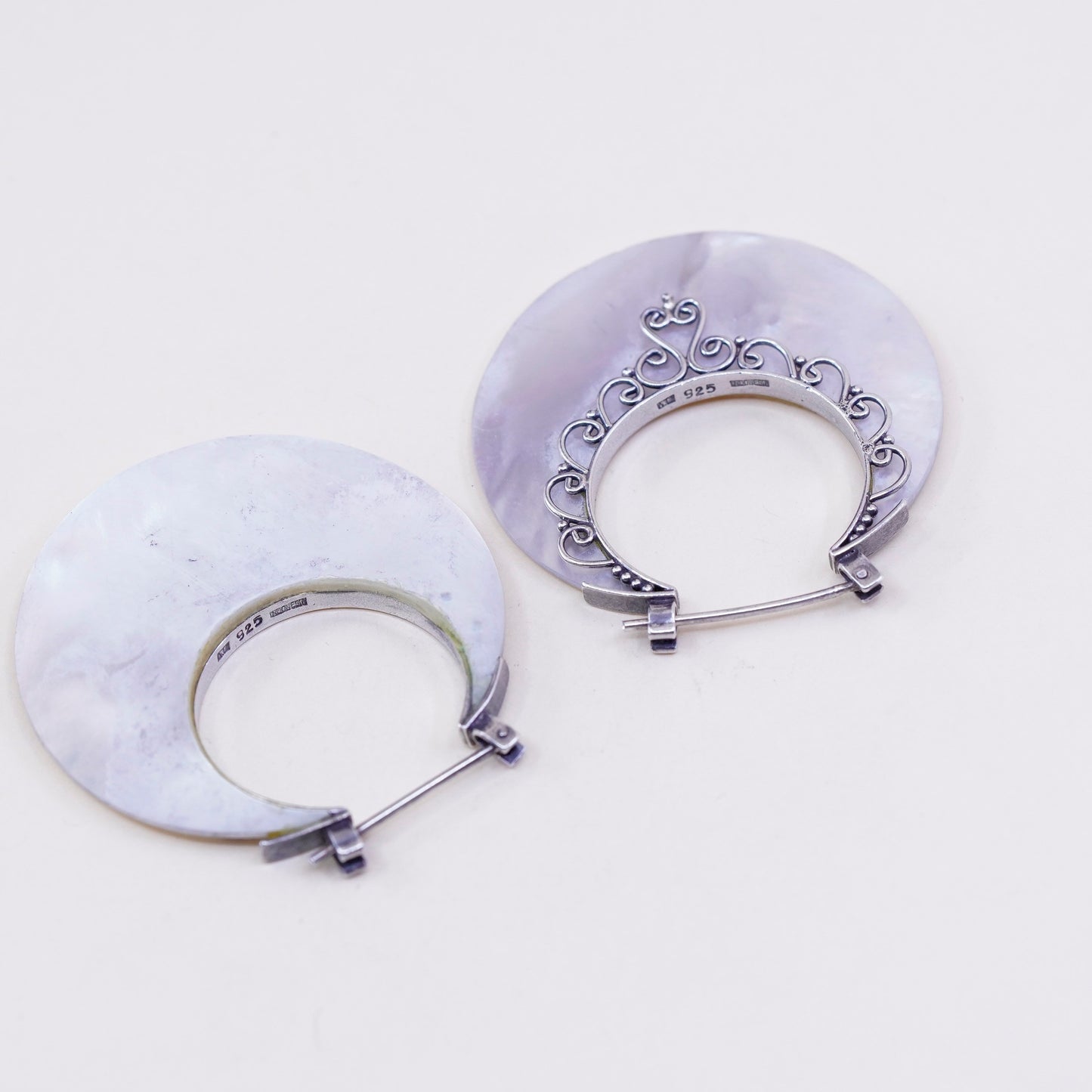 Indonesia sterling 925 silver handmade earrings, huge mother of pearl circle