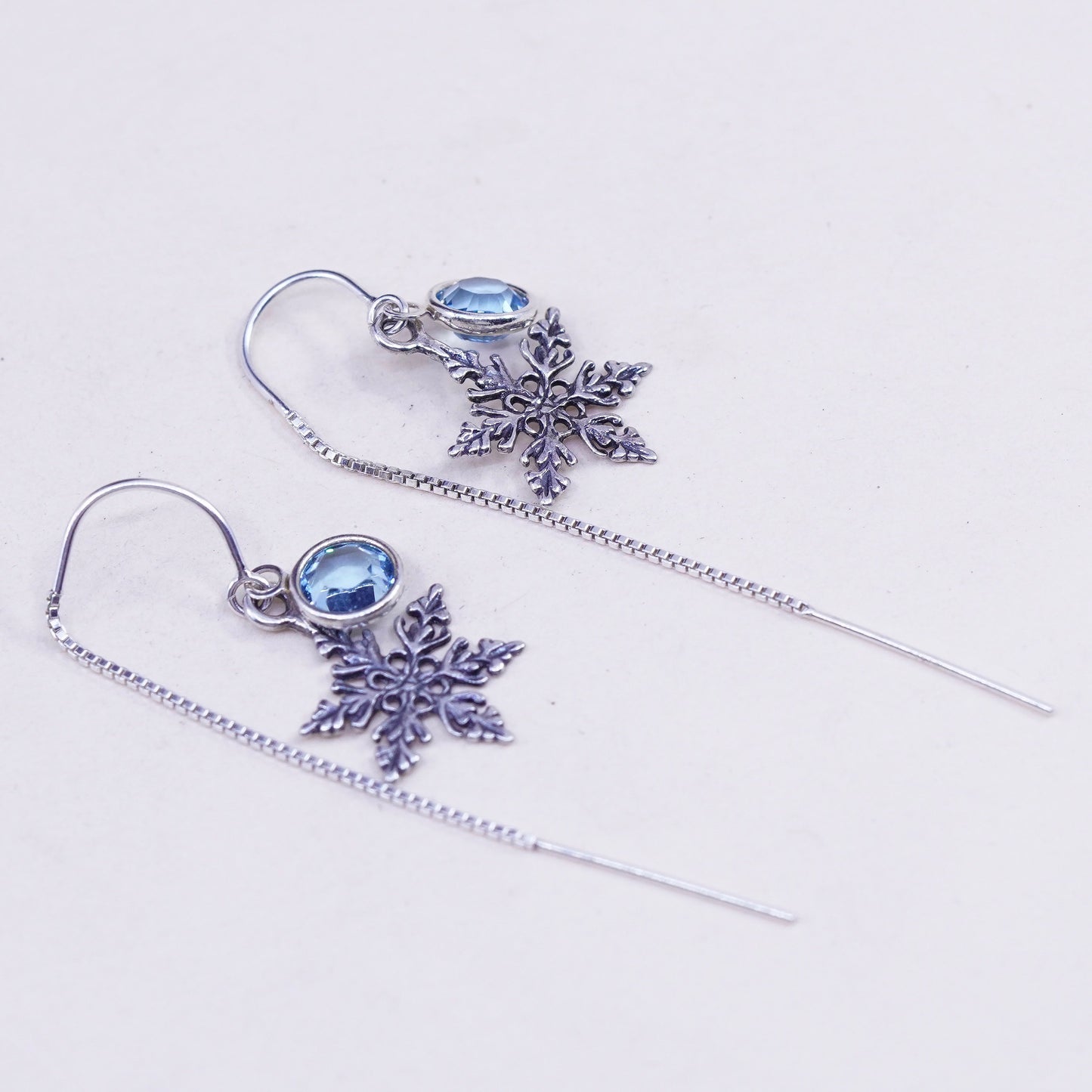 Vintage sterling silver handmade earrings, 925 snowflake drops with blue inlay