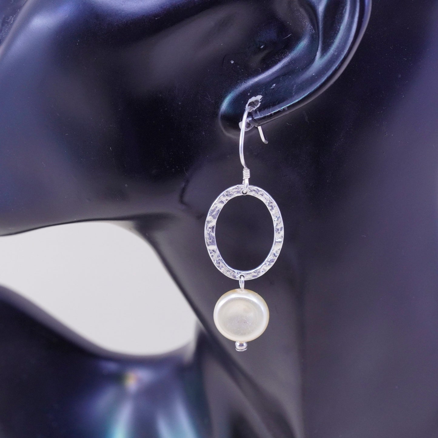 Vintage sterling silver handmade earrings, 925 hammered oval dangles with pearl