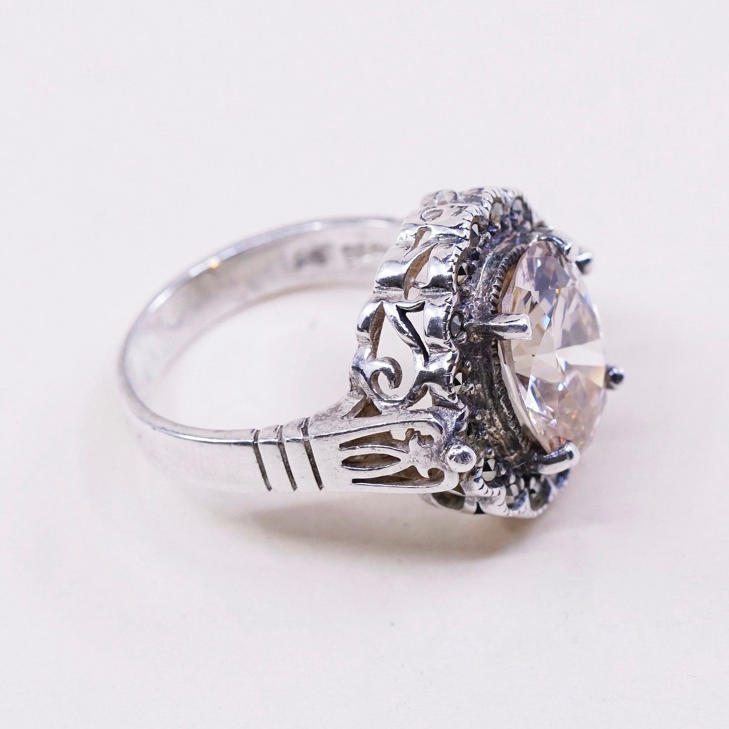 sz 8.5, vtg Sterling 925 silver handmade cocktail ring w/ citrine N marcasite