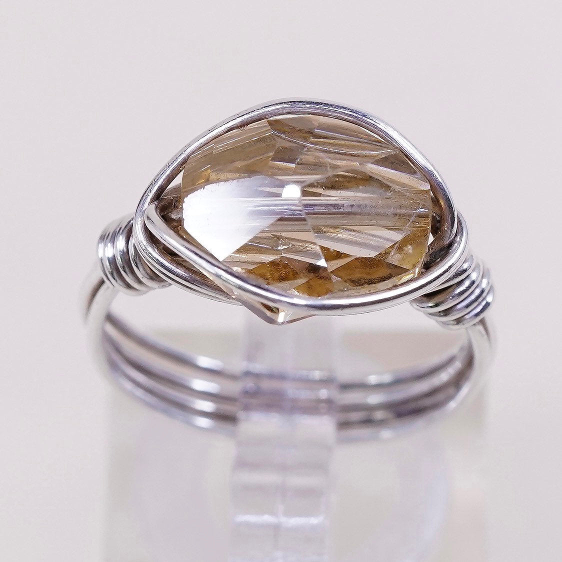sz 6.75, sterling silver handmade ring, 925 wired ring w/ citrine glass