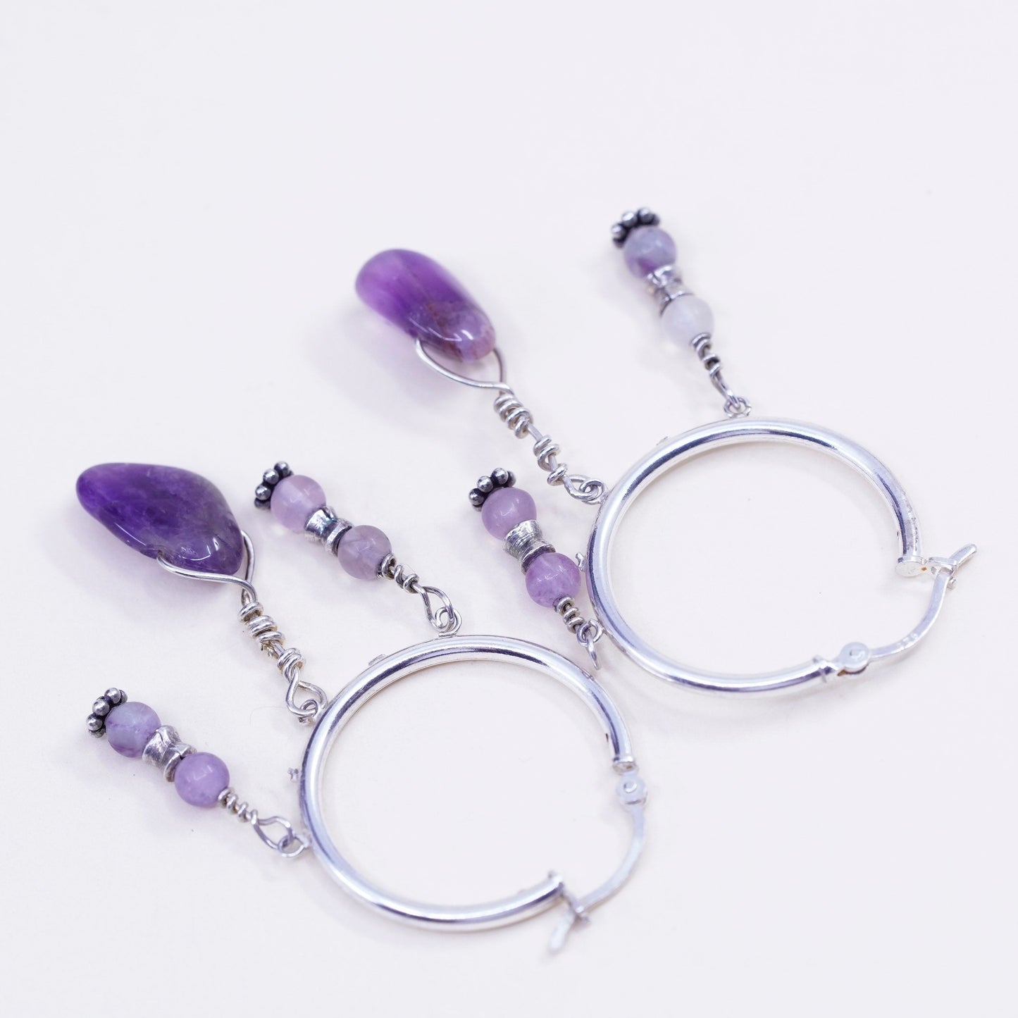 Vintage sterling silver handmade earrings, 925 hoops with amethyst