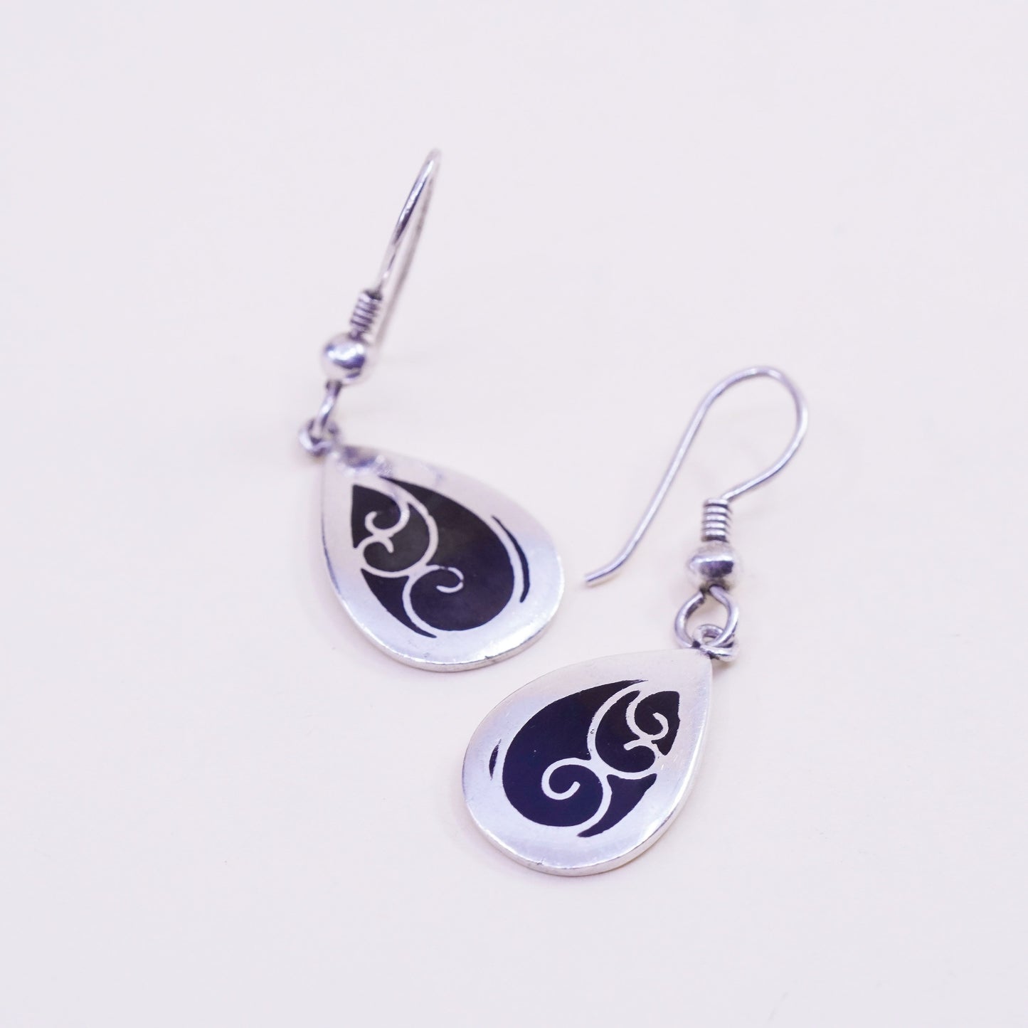 Vintage Sterling silver handmade earrings, 925 teardrop drops with enamel